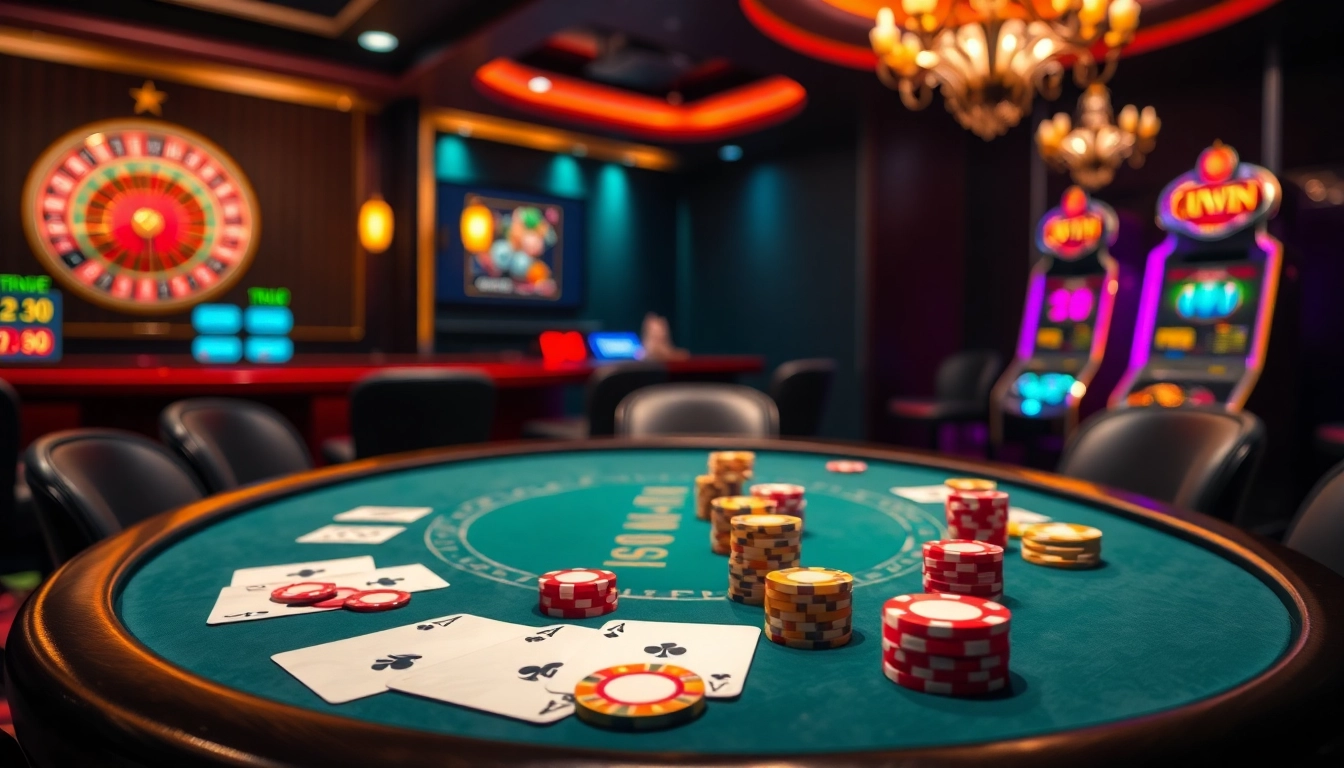 Kuwin gamblers enjoying an engaging poker game with vibrant chips and cards.