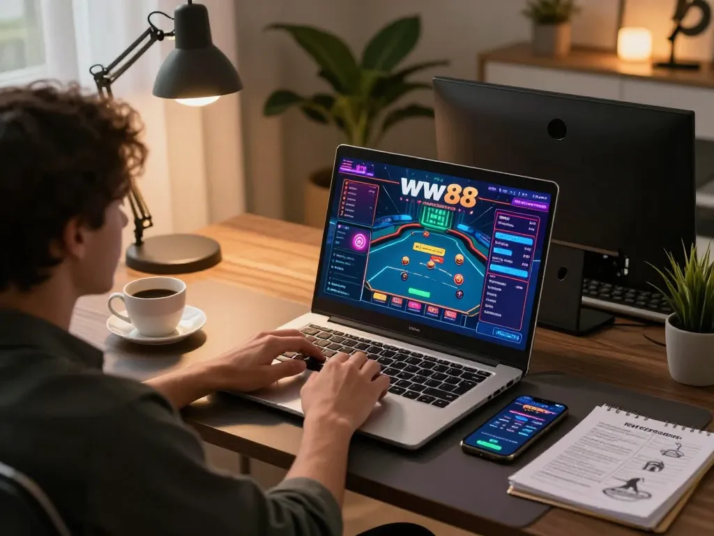 Engaging in online gaming on ww88 with a modern setup, laptop displaying poker game.