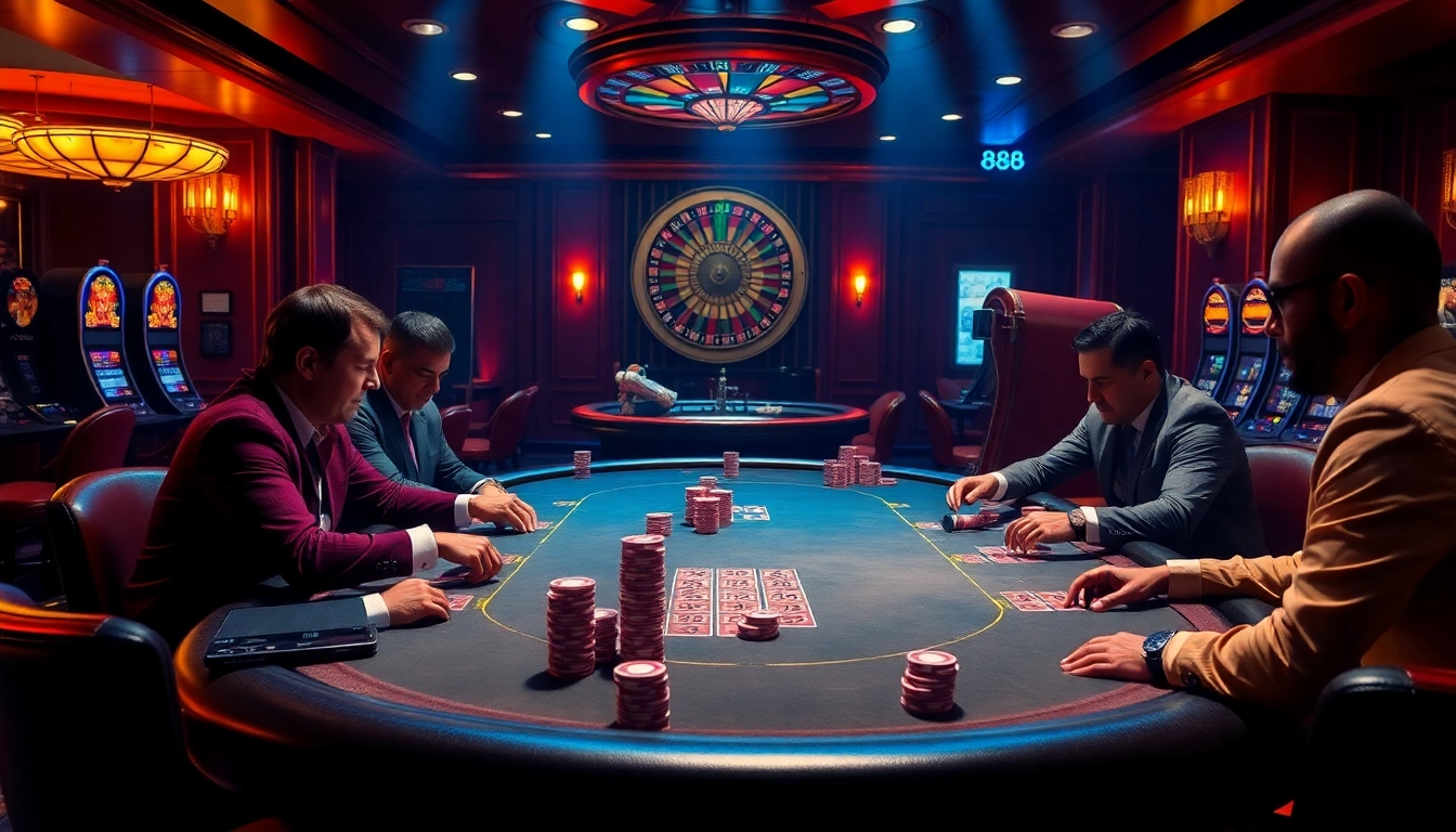 Gamblers enjoying poker at a luxurious casino table featuring the 888b gaming experience.