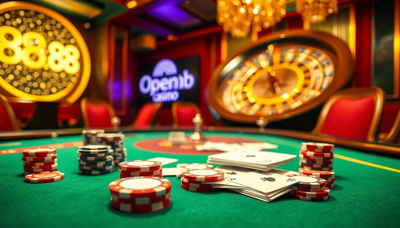 Experience the thrill of OPEN88 at a luxurious poker table surrounded by vibrant chips and cards.
