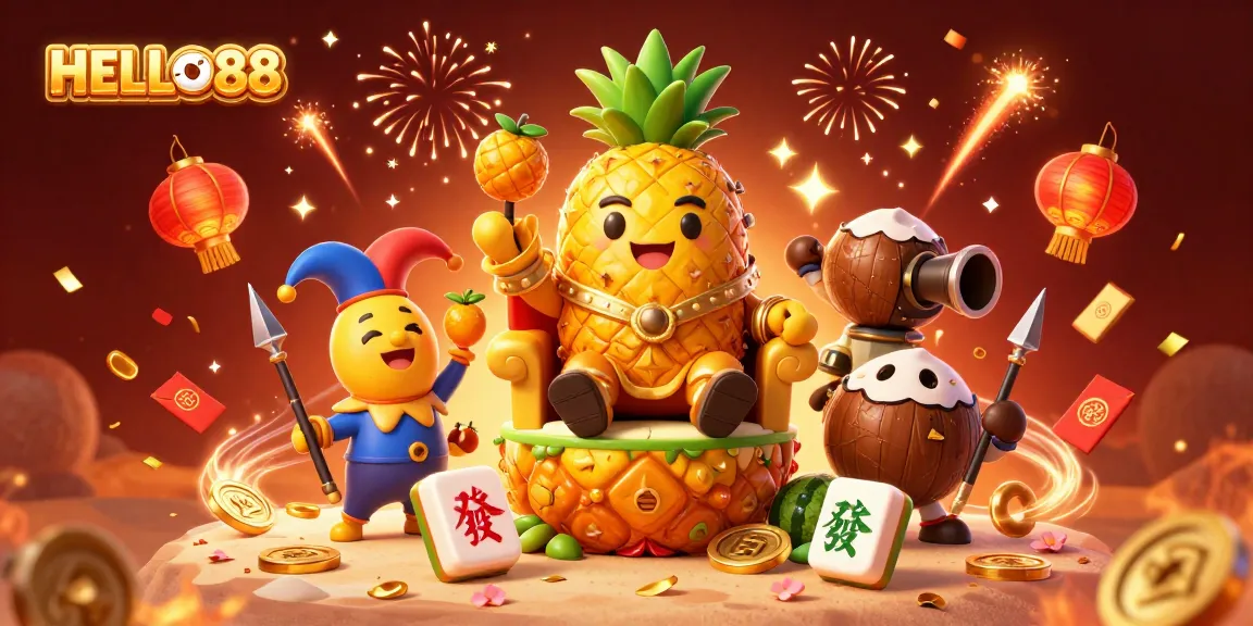 Experience immersive gameplay at HELLO88 with vibrant animations of a golden pineapple king and festive symbols.