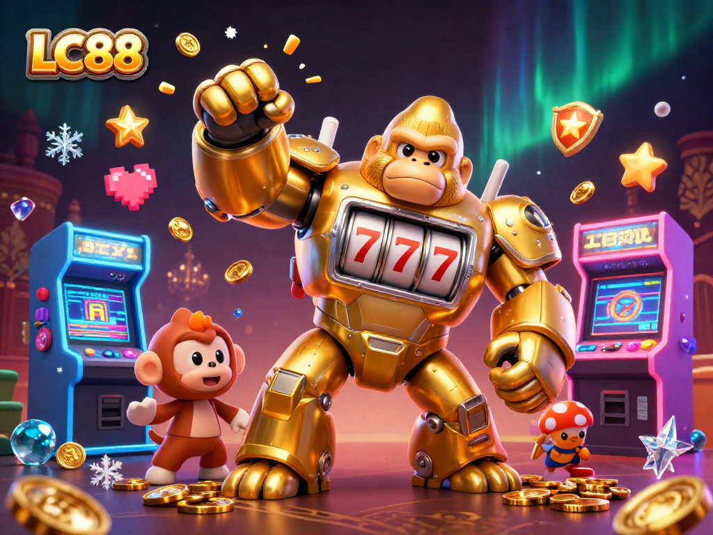 Engage with LC88's exciting gaming world featuring a golden gorilla mech and vibrant slots.