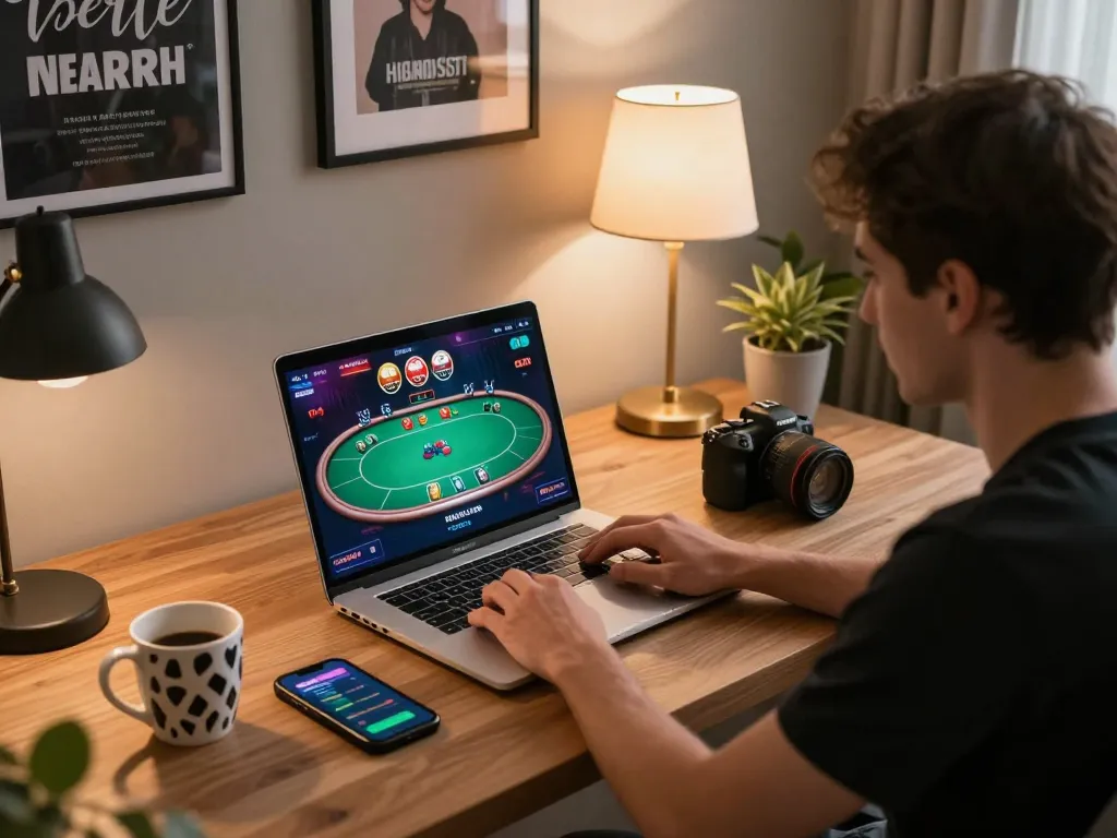 Engaged player using xx88 online casino on laptop in stylish home office setting