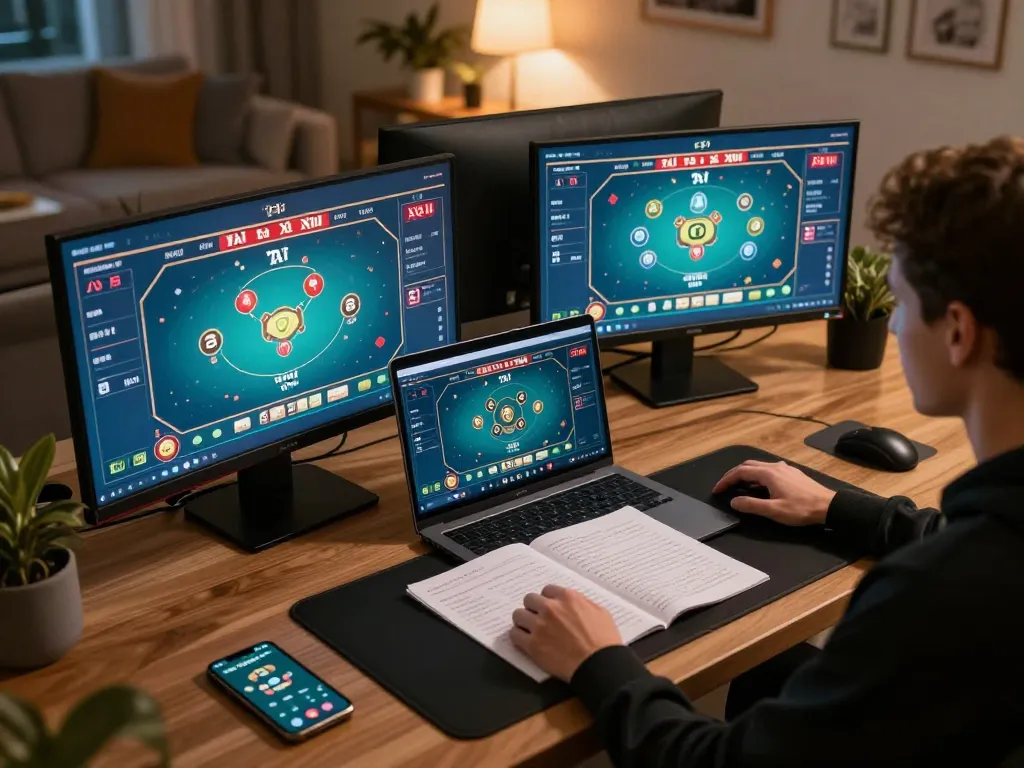 Tài Xỉu online gameplay on multiple screens in a stylish home office