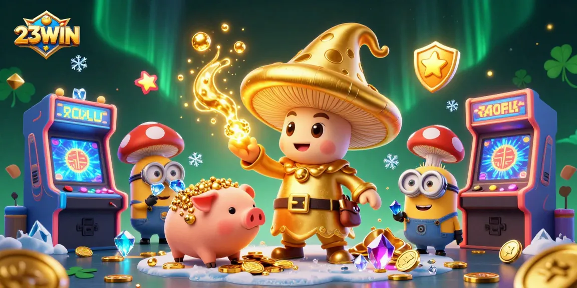 Experience the excitement of 23WIN with a magical 3D gambling scene packed with treasures and casino activity.