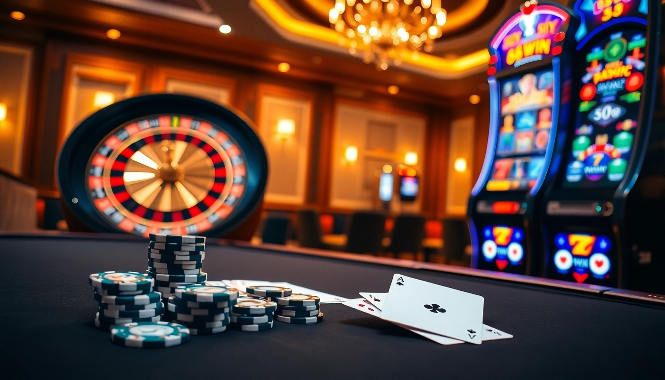 Experience the excitement of 68win with a luxurious casino gaming scene filled with poker chips and a spinning roulette wheel.