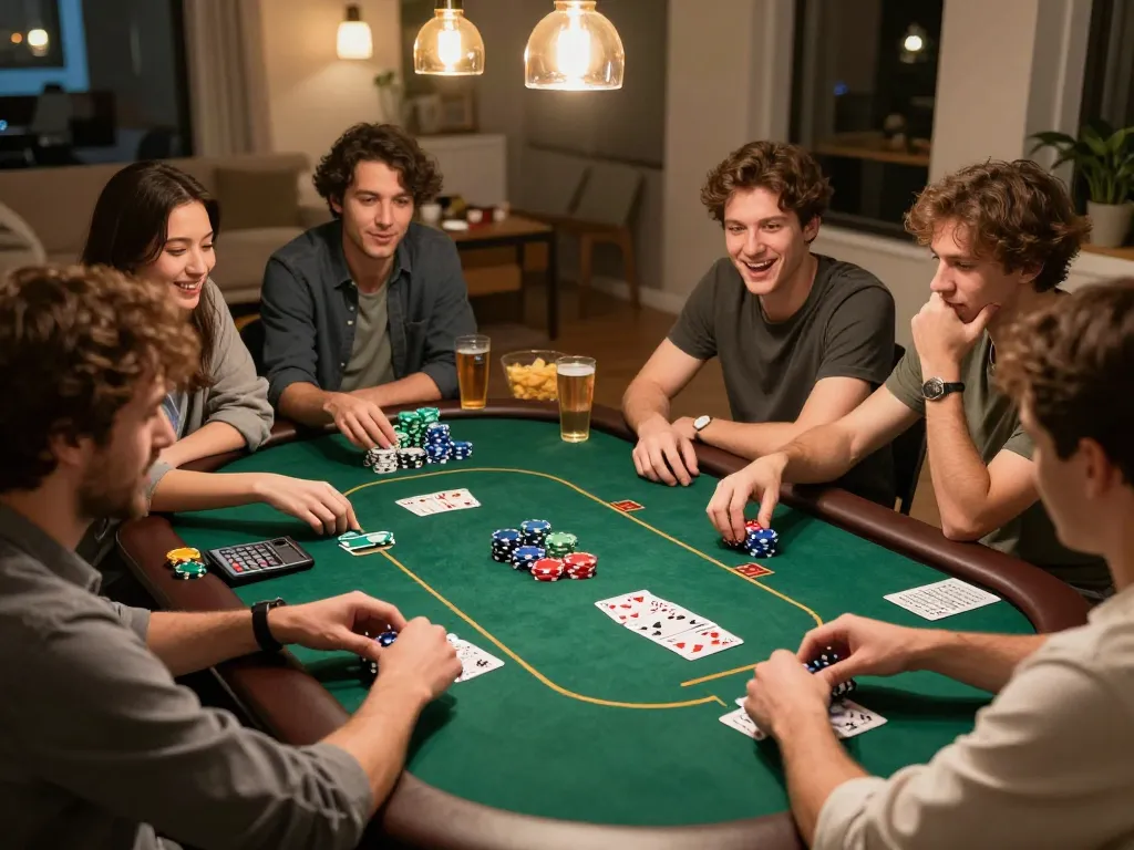 Sahabat merayakan kemenangan mereka di meja poker, menampilkan strategi link slot gacor yang sedang berlangsung dalam permainan yang menarik.
