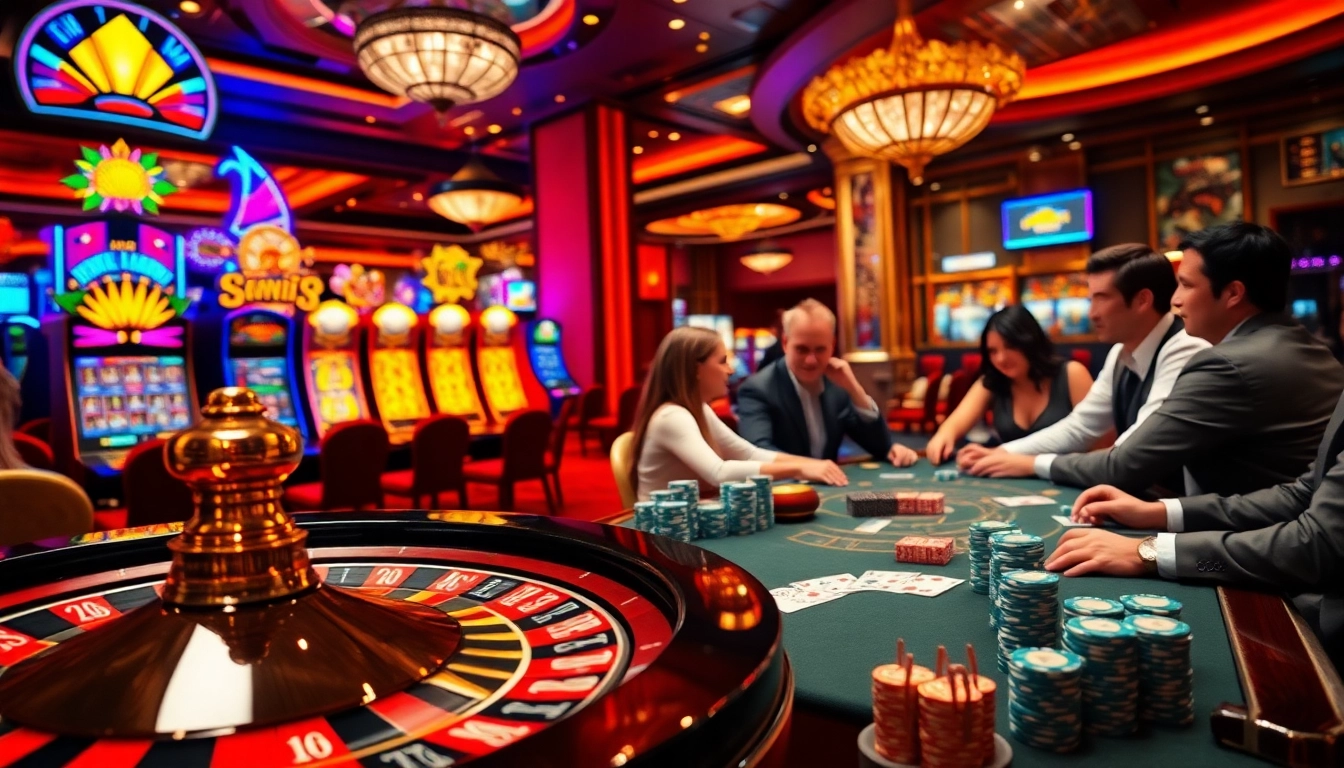 Experience the thrill of gaming with sunwin at a luxurious casino featuring roulette and poker tables.