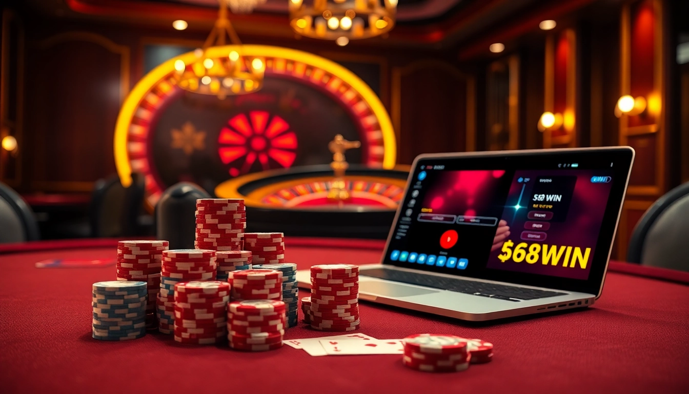 Experience the thrill of nhà cái 58WIN with vibrant casino visuals capturing poker and roulette action.