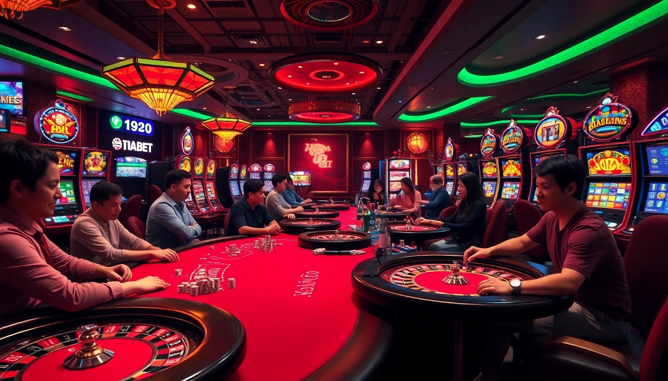 Experience the excitement at THABET's casino with players at poker tables and spinning roulette wheels.