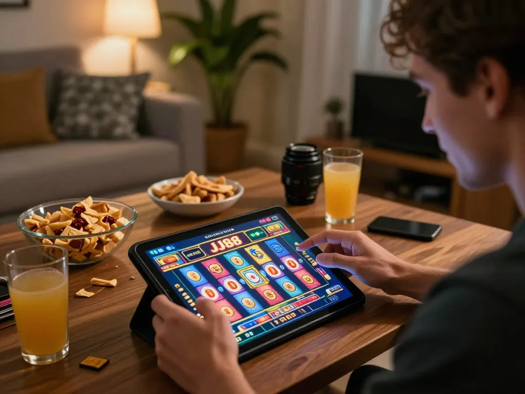 Engaging player enjoying JJ88 casino games on tablet in cozy home environment