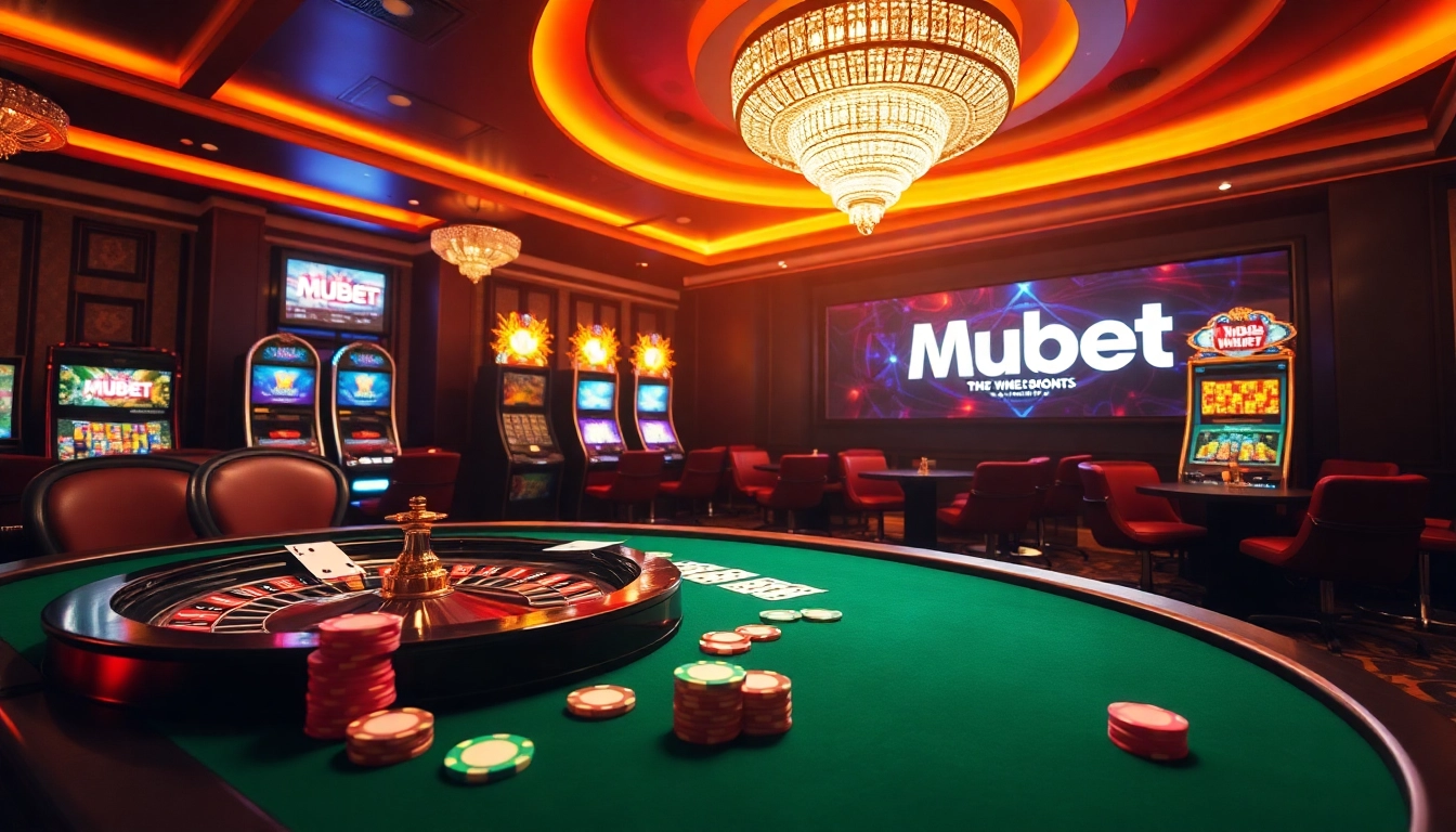 Mubet players strategizing at a luxurious casino poker table with vibrant chips and cards.