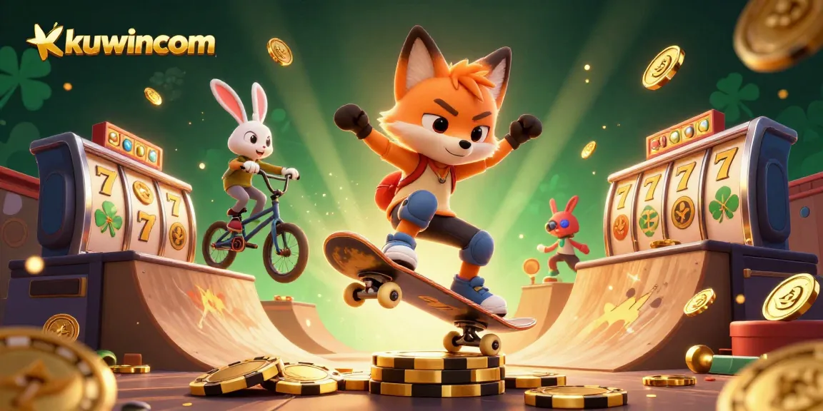 Kuwincom features a thrilling 3D scene with a skateboarder fox and BMX rabbit amidst slot reels and coins.