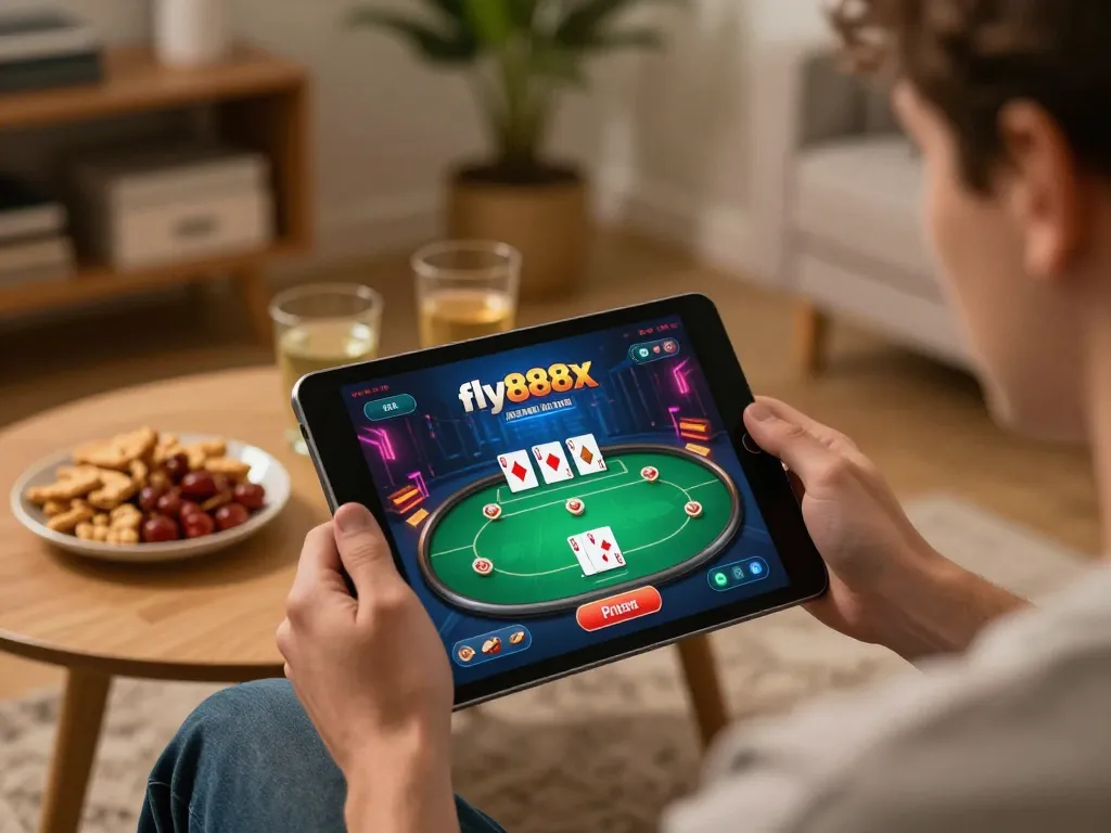 Player engaging with fly888x online casino app on tablet in a cozy home setting
