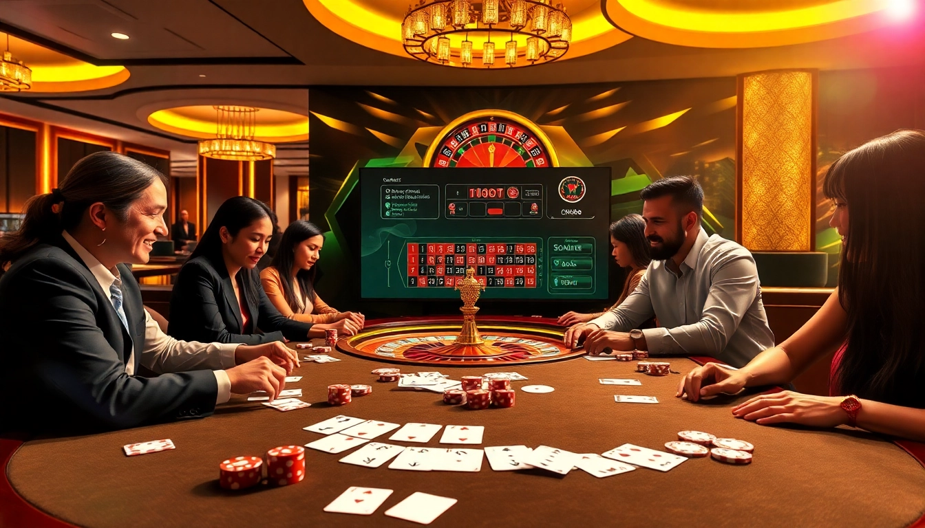 Experience the excitement of Nhà Cái OK8386 with players at a vibrant casino table.