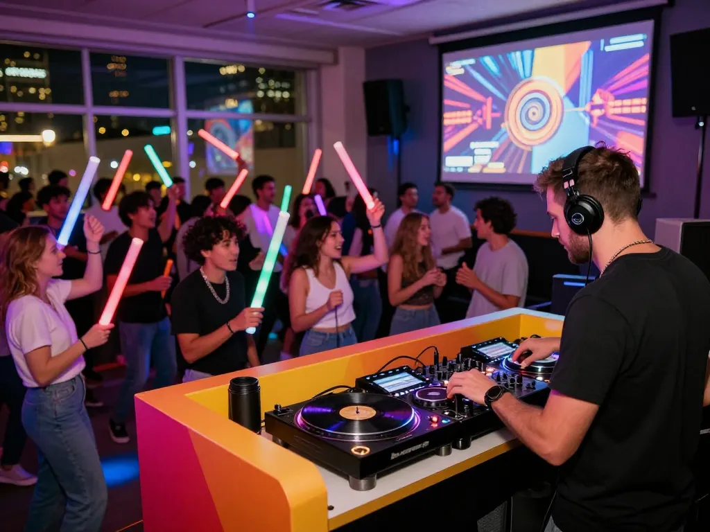 8Day electronic music event with DJ engaging the crowd, vibrant lights and energy.