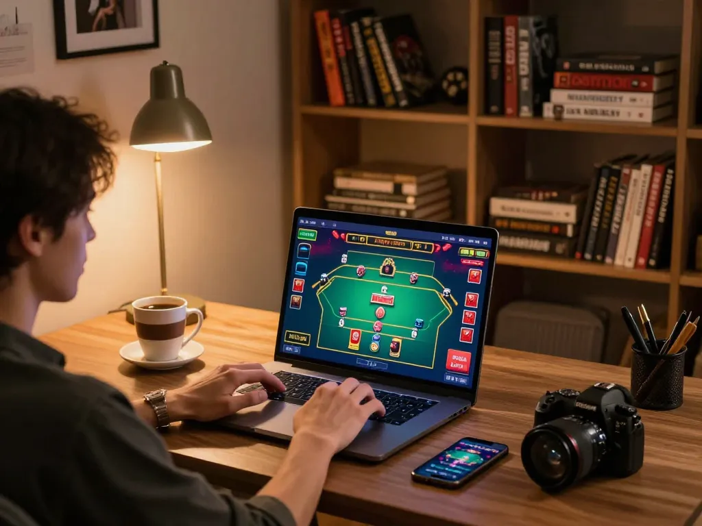 Engaged gambler playing online poker with nhà cái jun88 on laptop, illustrating strategic gaming.