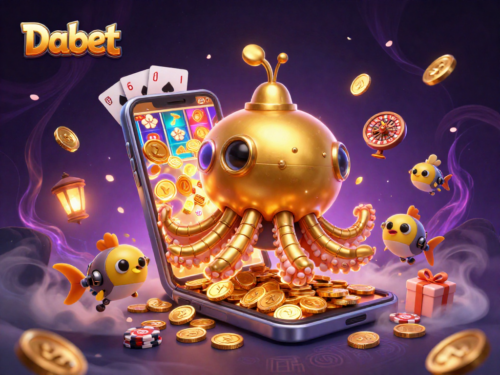 Dabet brings luck with a golden kraken submarine, slots, and casino elements in vibrant colors.