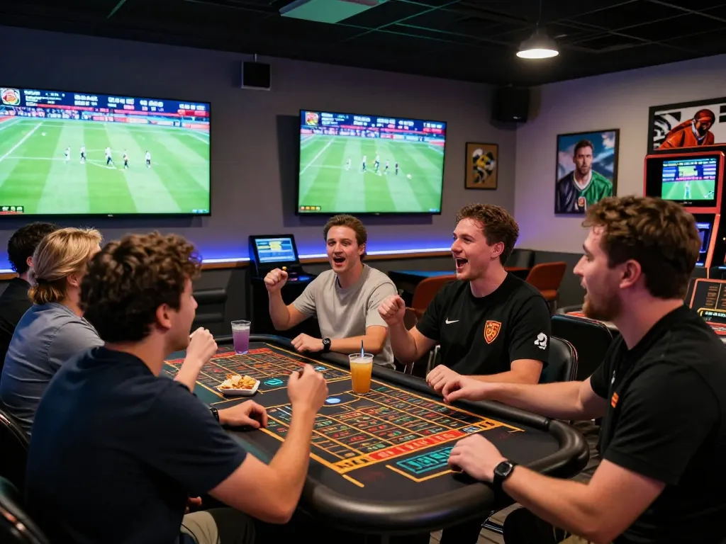 Group enjoying sports betting experience at rikbet gaming lounge, showcasing excitement and camaraderie.