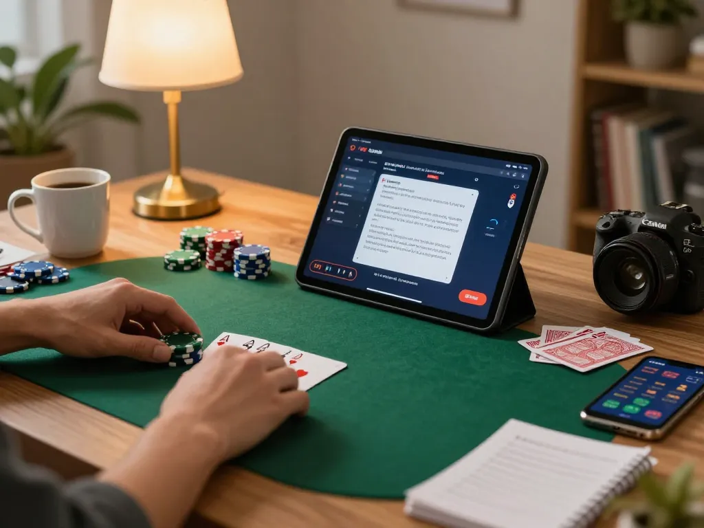 Players engaging with strategy while participating in online poker session, showcasing sc88 gambling action in a cozy home setup.