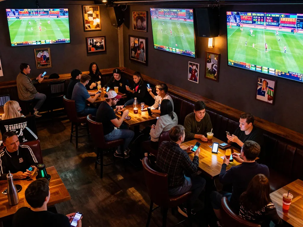 Exciting scene of sports betting with patrons engaged in kèo nhà cái action, cheering and placing bets on mobile devices.