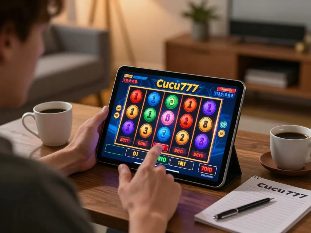 Player enjoying a vibrant online gaming session on cucu777, showing the spinning slot reels interface.