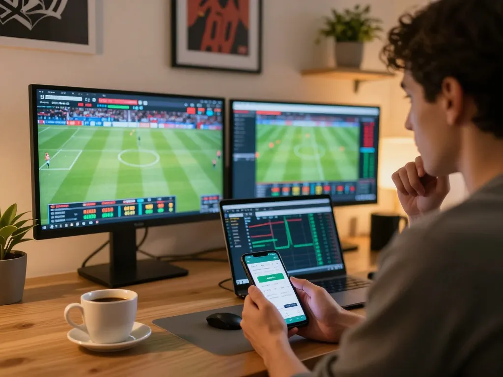 Person analyzing live sports betting odds on the keonhacaii88 platform in a modern home office