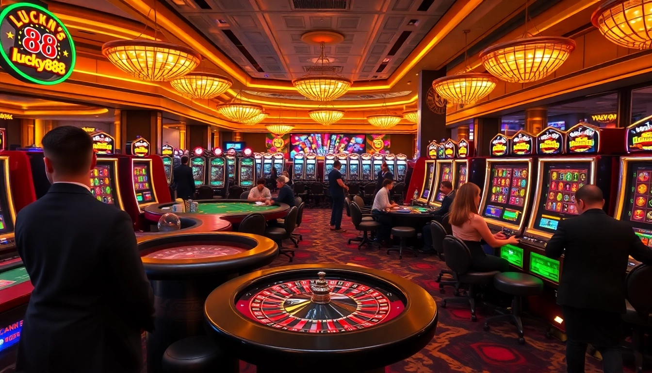 Experience the thrill of lucky88 with vibrant scenes of casino gaming, featuring lively players at tables and slot machines.