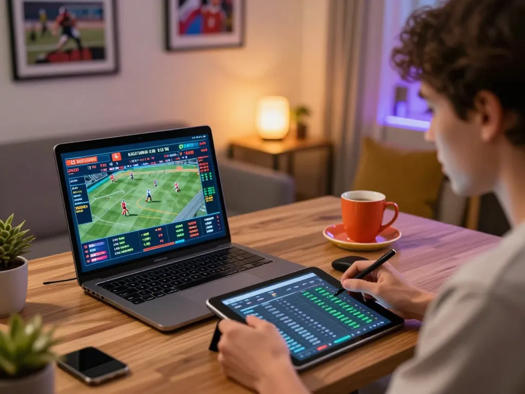 Engaging online sports betting with soibetzz interface on laptop in a stylish home setting.