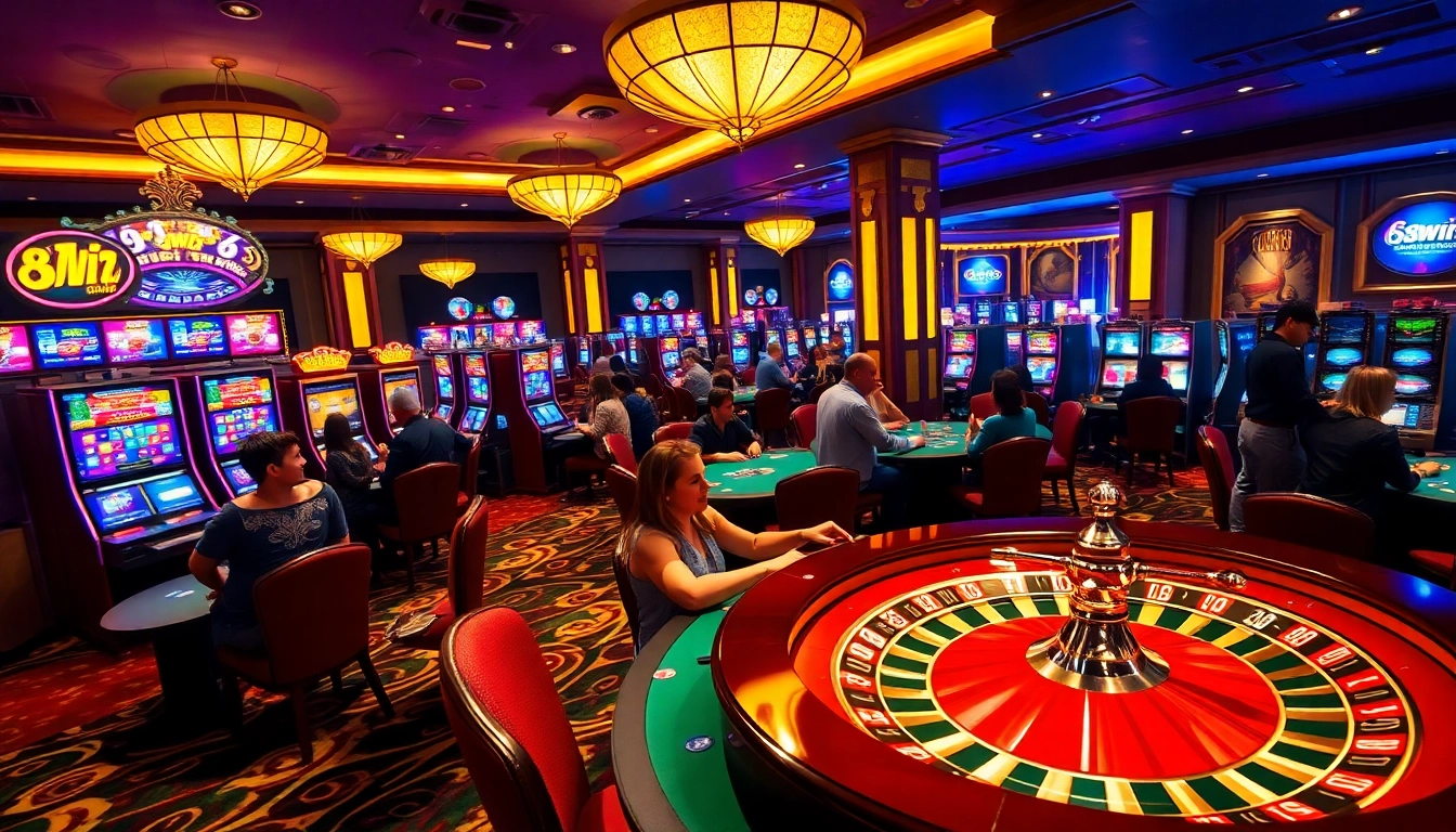 Vibrant gaming atmosphere at 58win club featuring luxury slot machines and intense poker games.