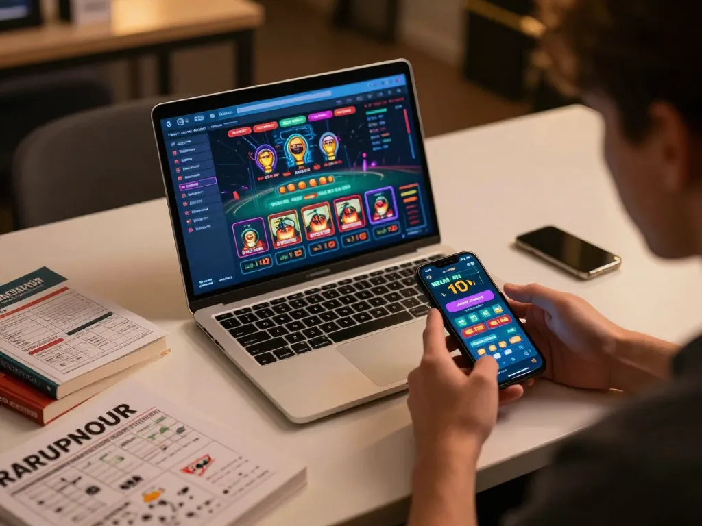 Engaging in online gambling at a trustworthy nhà cái uy tín with laptop and smartphone in a cozy setting.