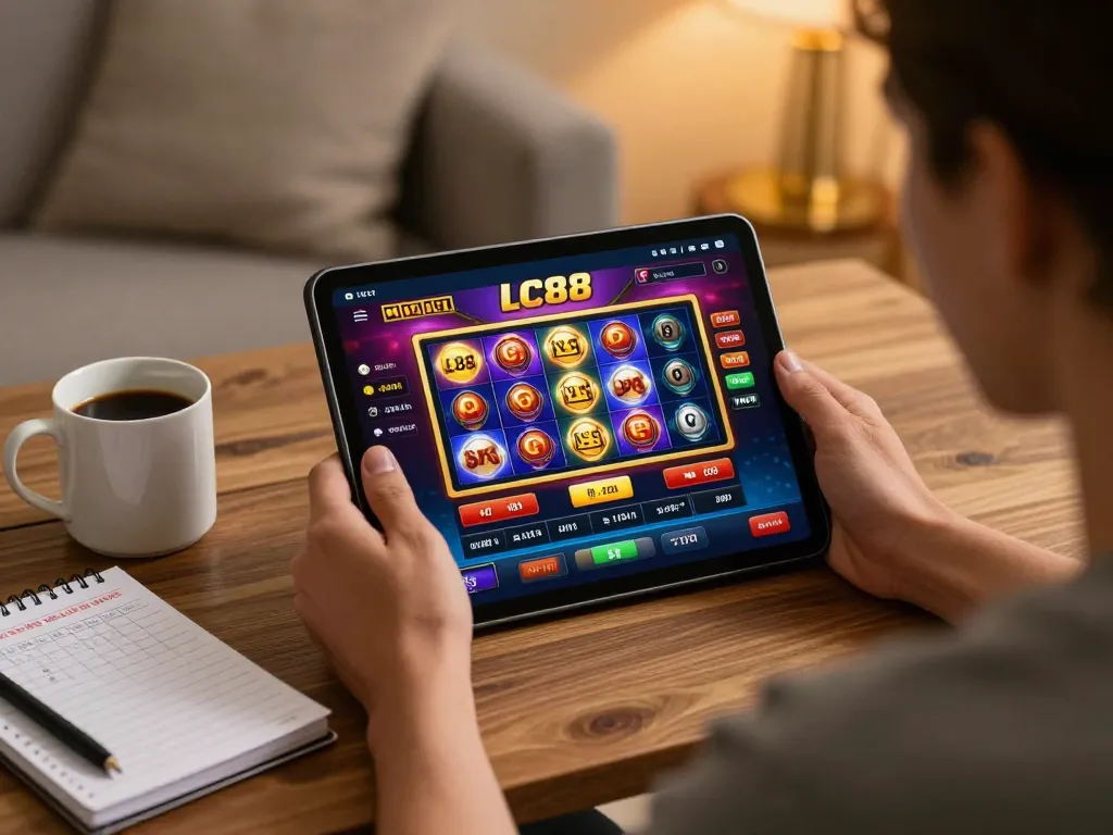Engaging session of online casino gaming on LC88 app displayed on tablet in a cozy home setting