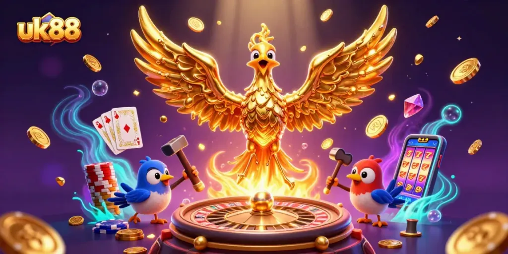 Engage with top-tier gameplay at uk88, featuring a molten phoenix bringing luck and gold coins.