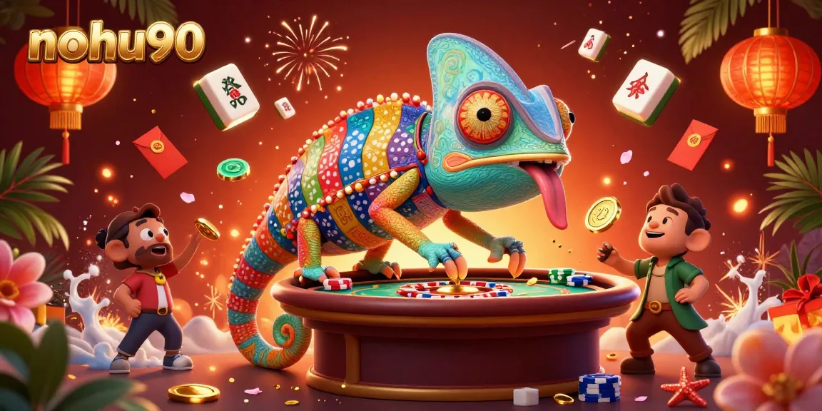 Nohu90 captivates players with vibrant casino-themed scene and chameleon character collecting coins.