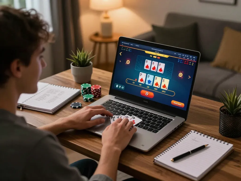 Player engaging with TR88 online blackjack, showcasing interactive game interface and cozy home atmosphere.