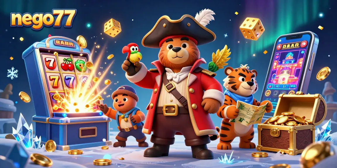 Engage with nego77's vibrant casino adventure featuring a 3D pirate bear, tiger, and treasure scene.