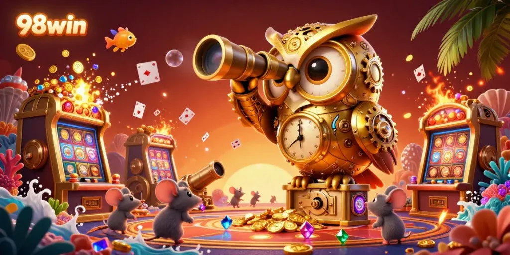 Join the excitement of 98win casino with a vibrant 3D illustration featuring lively characters and game elements.