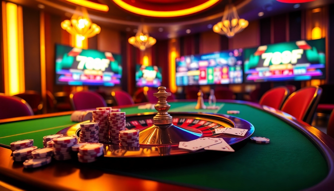 Experience the thrill of 789F with stunning visuals of online casino gaming, featuring poker chips and roulette.