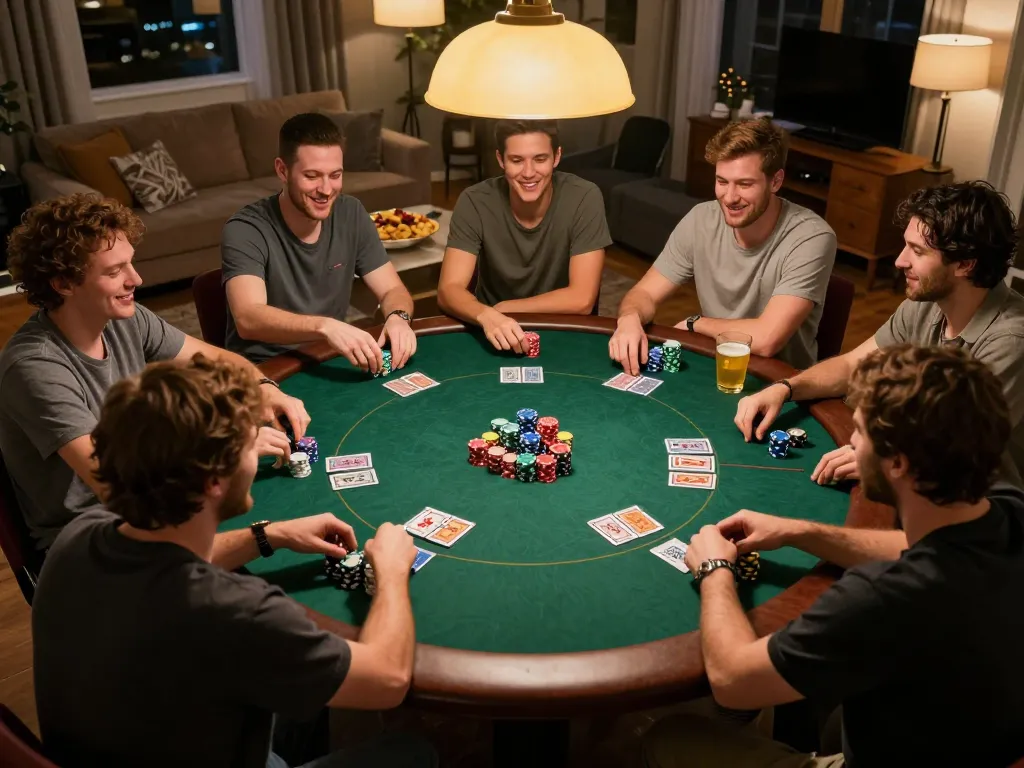 CakhiaTV live poker game night with friends enjoying chips and strategy in a cozy setting.