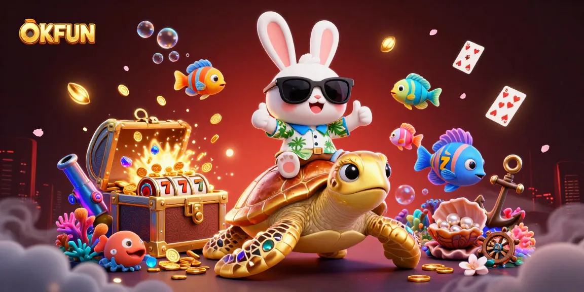 Join the winning fun at OKFUN with a lucky rabbit and a giant sea turtle in this colorful casino scene.