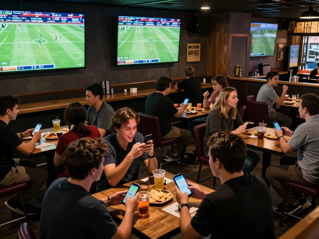 Football enthusiasts placing bets at a lively sports bar during matches, capturing the excitement of sports betting