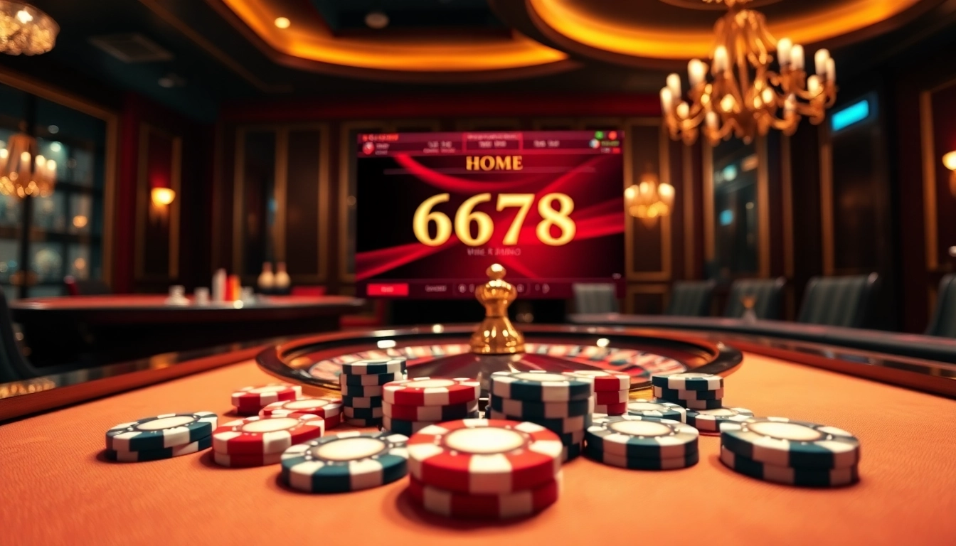 Gambling scene with win678 home interface showcased, featuring poker chips and roulette table.