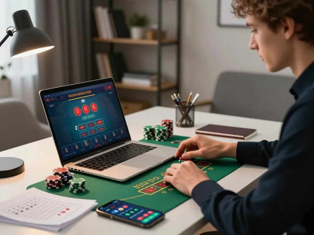 Engaging home setup for online gambling on https://xx88.promo/ featuring a person playing blackjack.