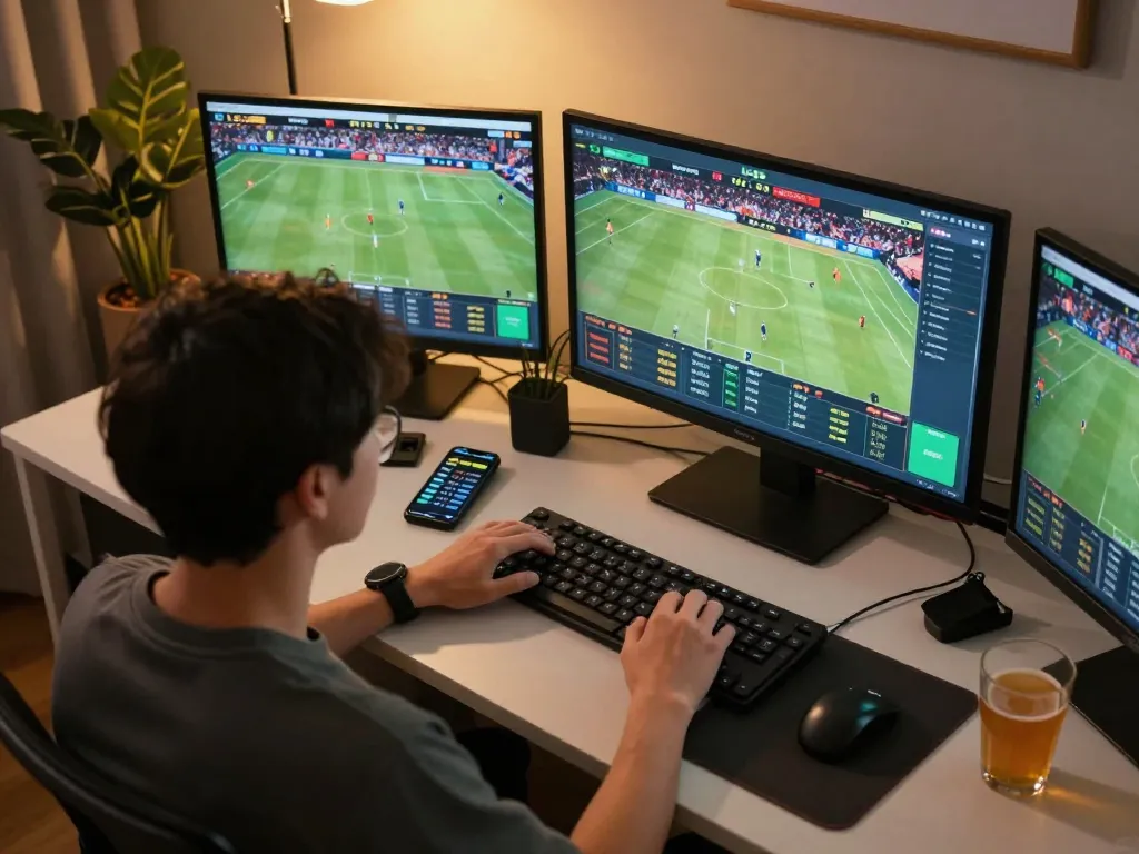 Engaging in the lc88 game at home, placing live sports bets on multiple screens in a cozy workspace