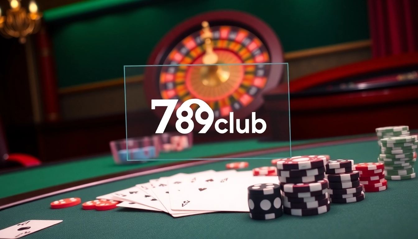The vibrant 789club poker table scene highlighting chips, cards, and a roulette wheel in a luxurious casino setting.