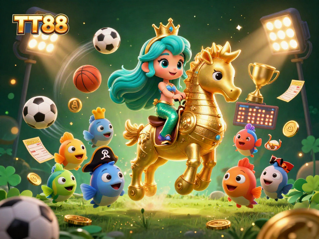 TT88 mermaid princess riding a golden armored seahorse amidst colorful sports elements in a dynamic casino scene.