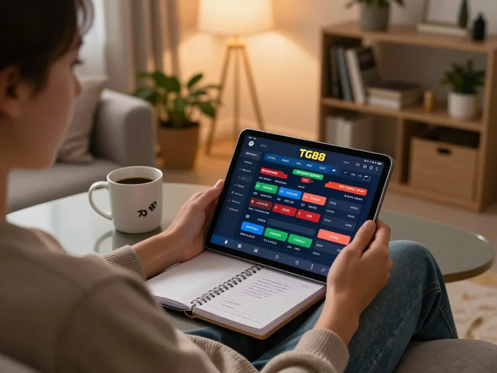 Engaging moment as a player accesses online betting options on TG88, showcasing responsible gambling techniques and comfortable home gaming.