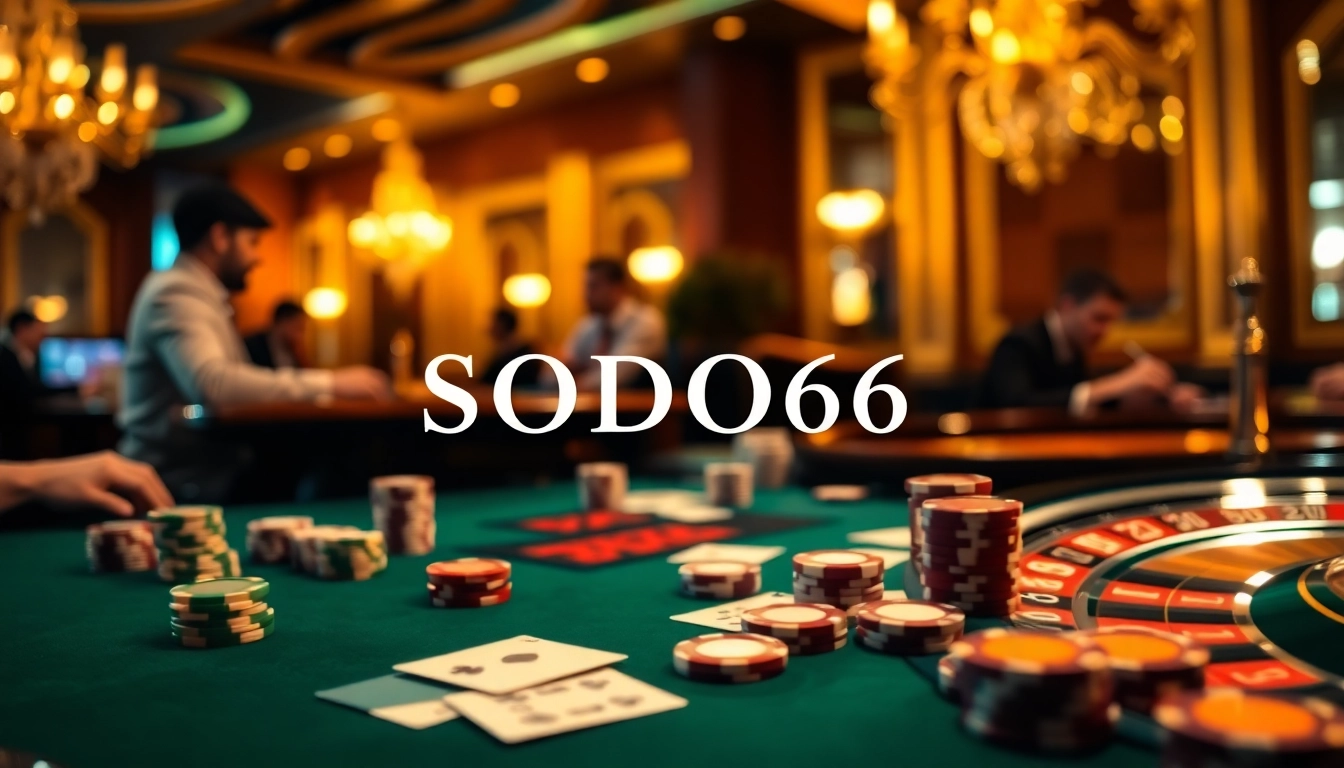 SODO66 players enjoying an exciting game at a luxurious casino table with cards and chips.