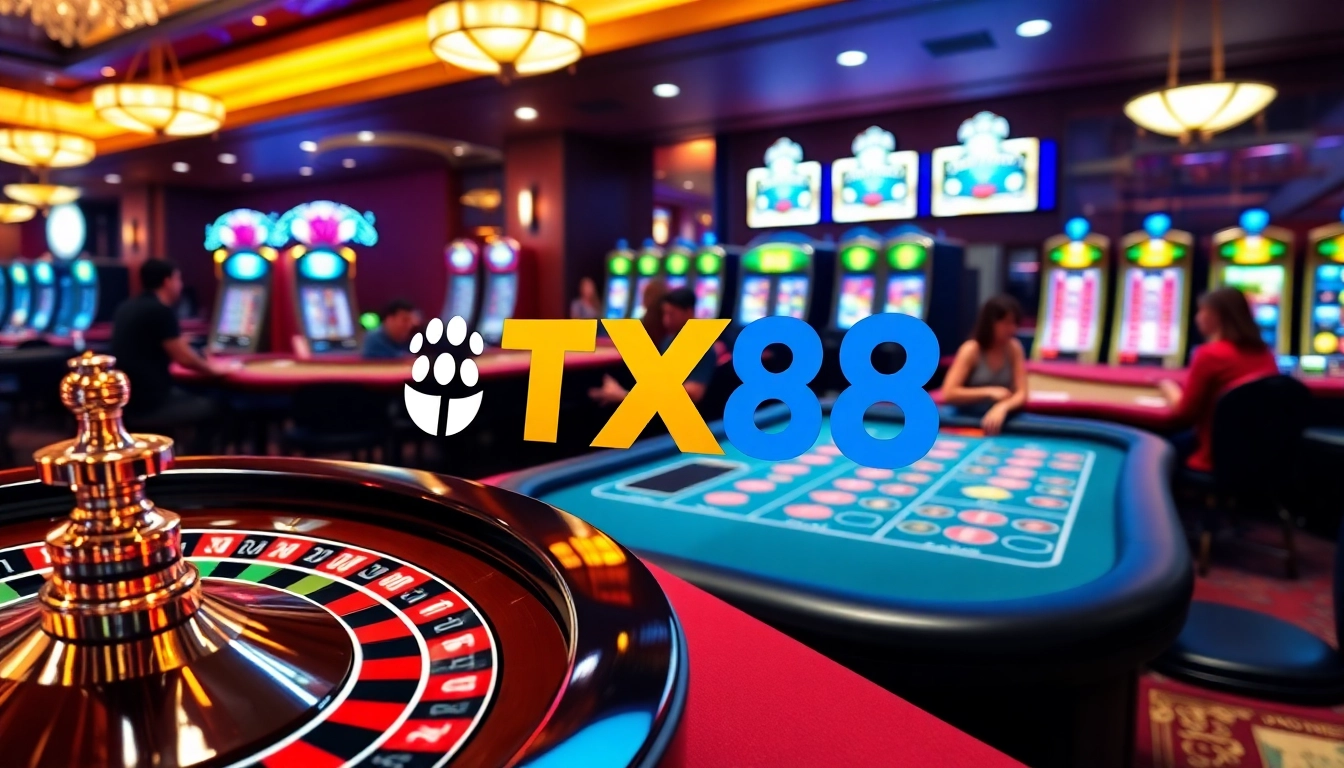 Experience high-stakes betting excitement at https://tx88.network/ with vibrant slot machines and poker chips.