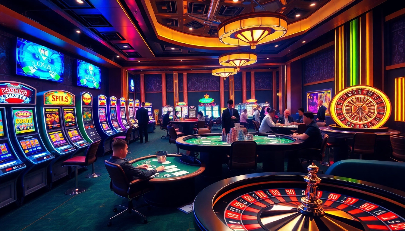 Engaging casino experience at https://nhacaiuytinvl.com/ showcasing vibrant slot machines and intense poker games.